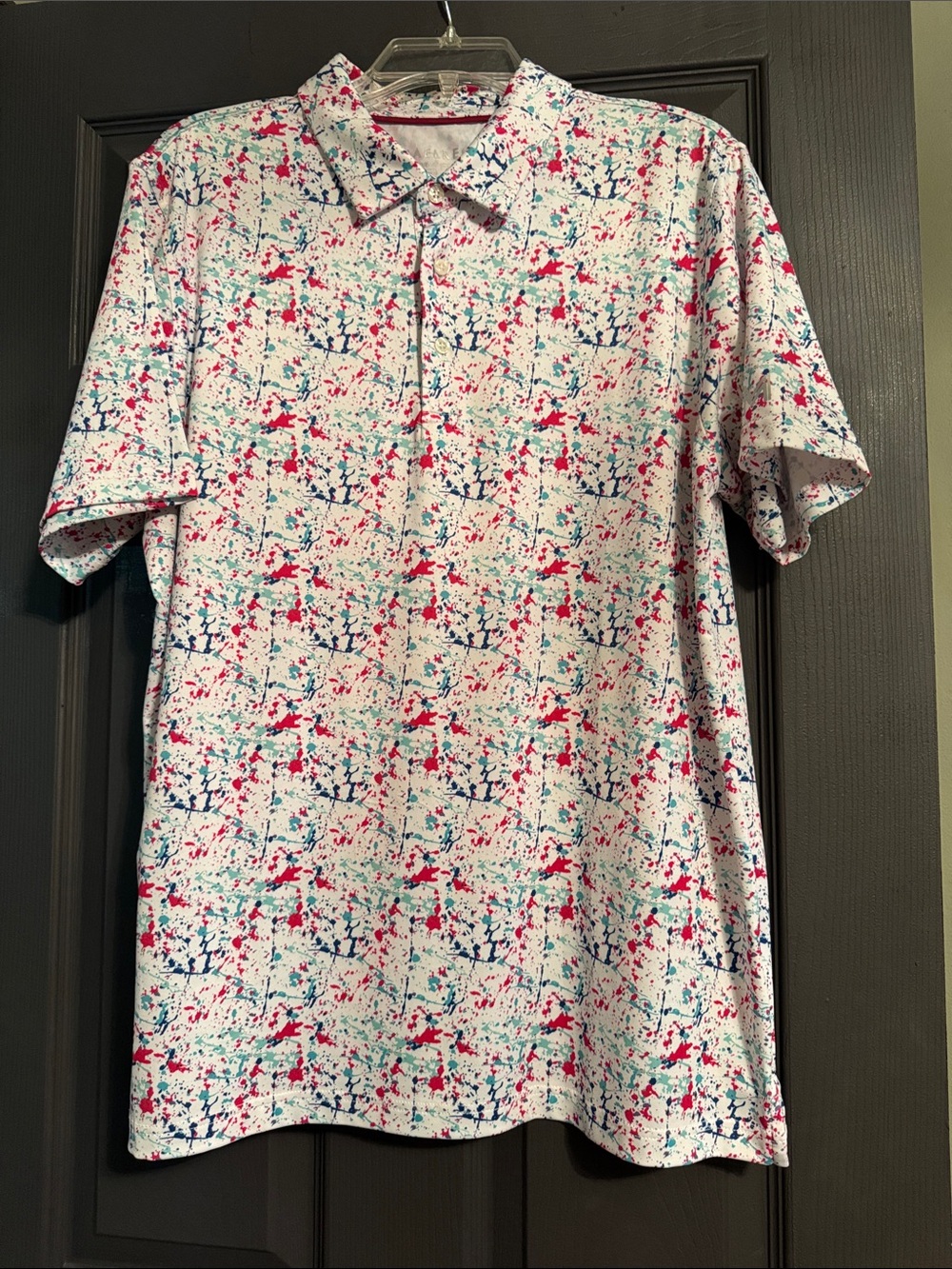 Men's White Polo with Pink & Blue Splatter - Casual Collared Shirt